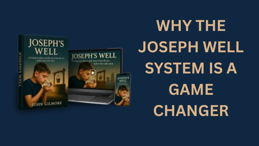 Joseph Well System emergency water solution kit displayed with guidebooks, laptop tutorial, and mobile access; tagline reads 'Why the Joseph Well System is a Game-Changer